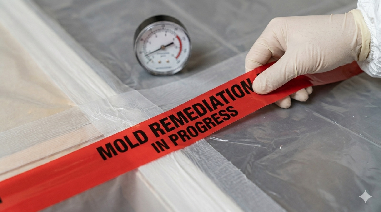 IICRC-certified technician inspecting black mold on attic roof sheathing in an Anaheim home