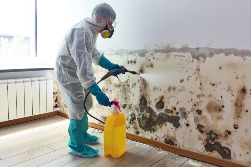 IICRC-certified technician inspecting mold-damaged drywall in an Anaheim home with moisture meter and clipboard
