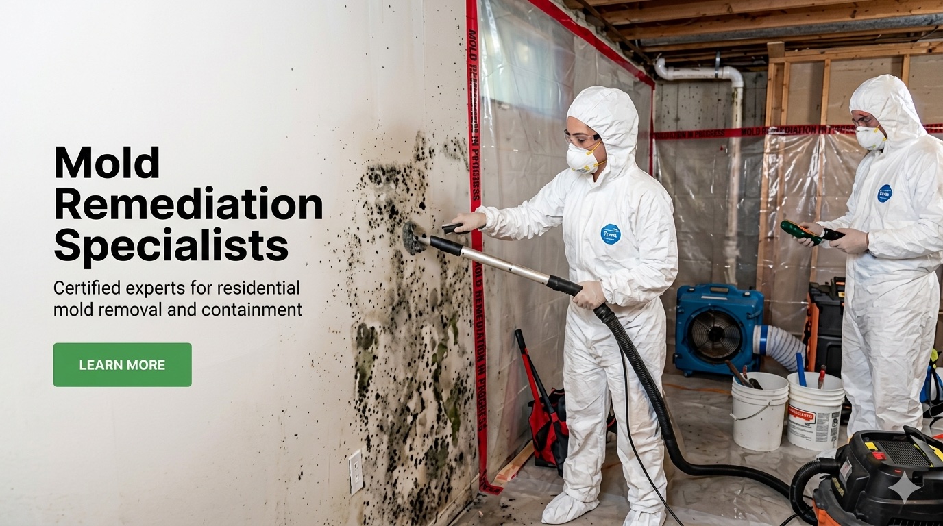 IICRC-certified mold remediation technicians in full PPE spraying antimicrobial treatment on a mold-contaminated wall inside a contained Anaheim work zone