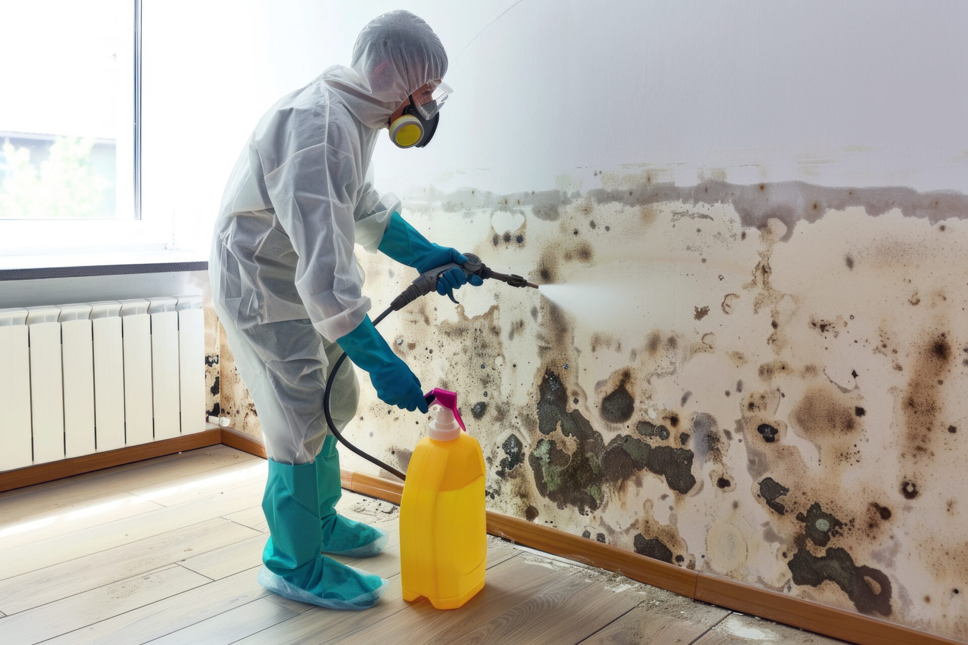 IICRC-certified mold remediation technician spraying antimicrobial treatment on a contaminated wall in an Anaheim home